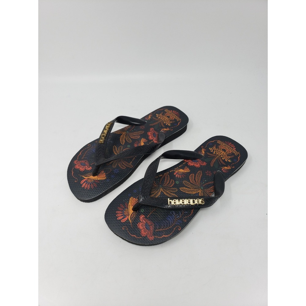 Havaianas x Farm Rio Tropical Hummingbird Print Flip Flops Black Gold Logo 7/8W